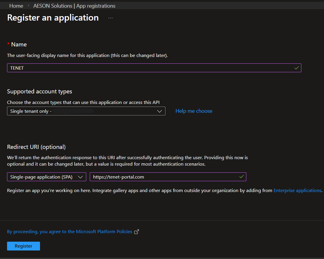 Fill in app registration details - Name: TENET, Redirect URI: Single-page application